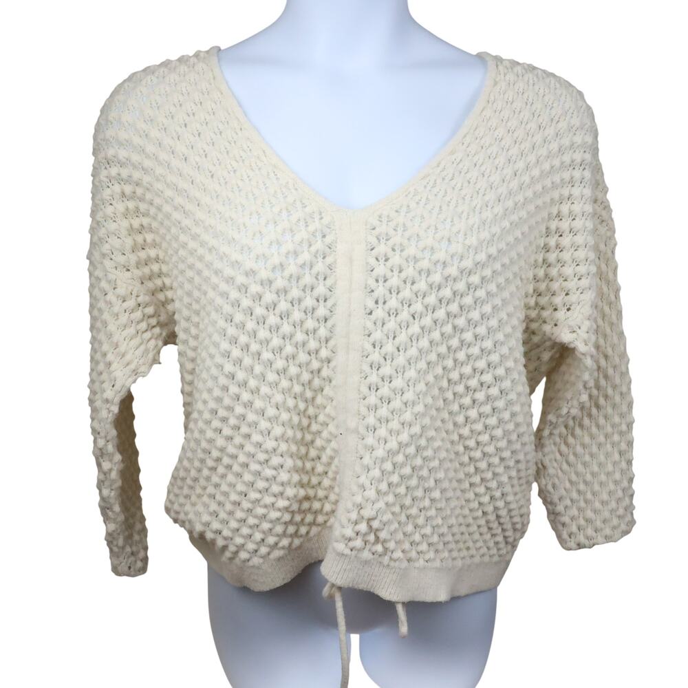 Molly Bracken Cream Chunky Knit Sweater Womens L XL Textured V Neck Pullover